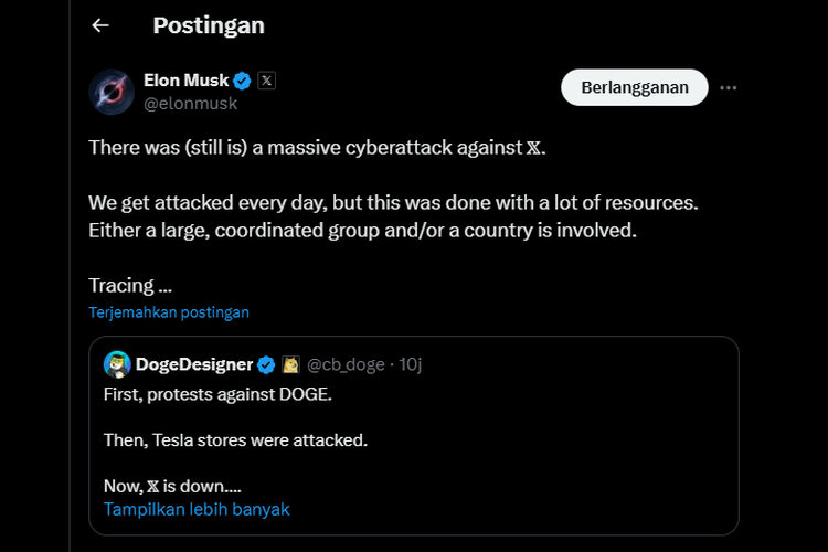 Tangkapan layar unggahan Elon Musk terkait penyebab Twitter Down, Senin (10/3/2025).