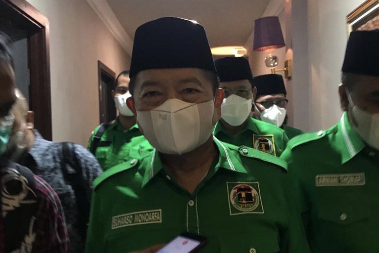 Menteri Perencanaan Pembangunan Nasional (PPN)/Kepala Bappenas Suharso Monoarfa ditemui di Hotel Paragon, Jakarta, Minggu (28/11/2021).