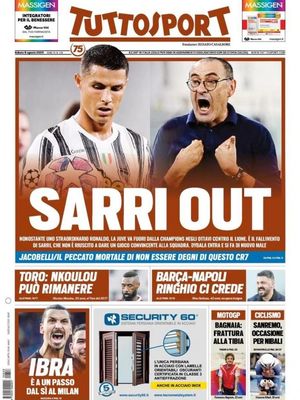 Halaman depan media olahraga asal Turin, Tuttosport, seusai Juventus tersingkir di babak 16 besar Liga Champions di tangan Lyon pada Sabtu (8/8/2020) dini hari WIB.