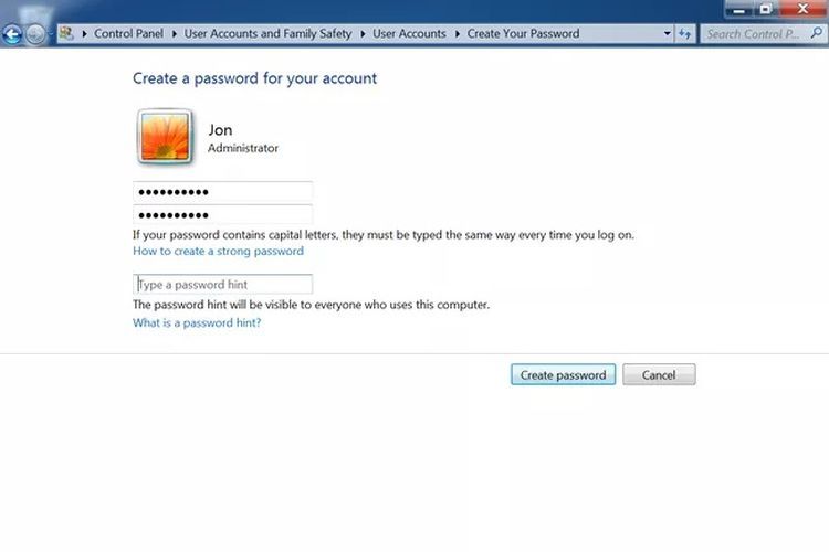 Ilustrasi cara buat password di Windows