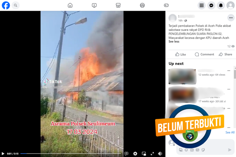 Tangkapan layar informasi belum terbukti di sebuah akun Facebook, Selasa (19/3/2024), soal kebakaran asrama polisi Seulimum, Aceh Besar akibat sabotase Pemilu 2024.
