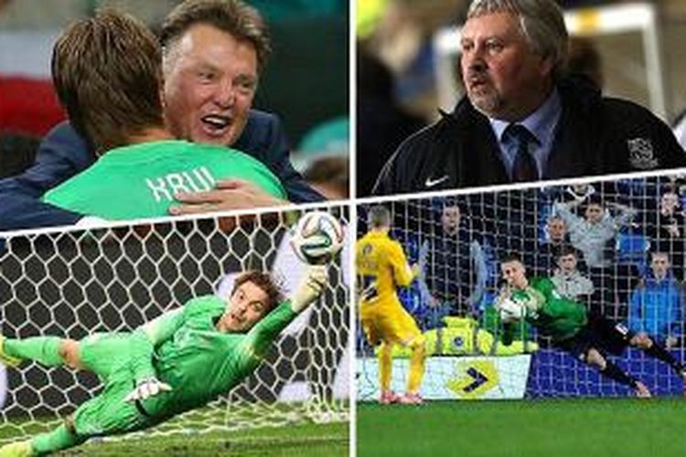 Kombinasi foto: Louis van Gaal dan Tim Krul (kiri atas), Paul Sturrock (kanan atas), aksi Tim Krul saat menahan tendangan penalti pemain Kosta Rika di perempat final Piala Dunia (kiri bawah) dan aksi kiper berusia 19 tahun Daniel Bentley (kanan bawah).