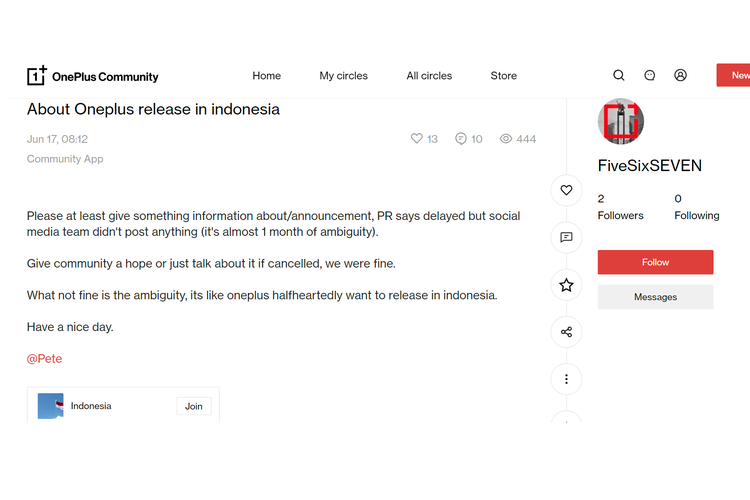 Ilustrasi penggemar OnePlus di Indonesia di situs web komunitas yang meminta kejelasan pihak OnePlus Indonesia.