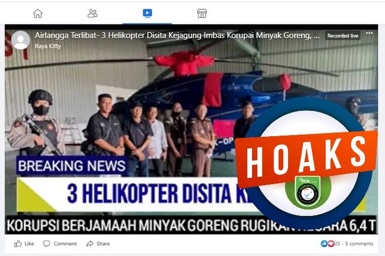 Tangkapan layar Facebook narasi yang menyebut Kejagung menyita tiga helikopter Airlangga Hartarto