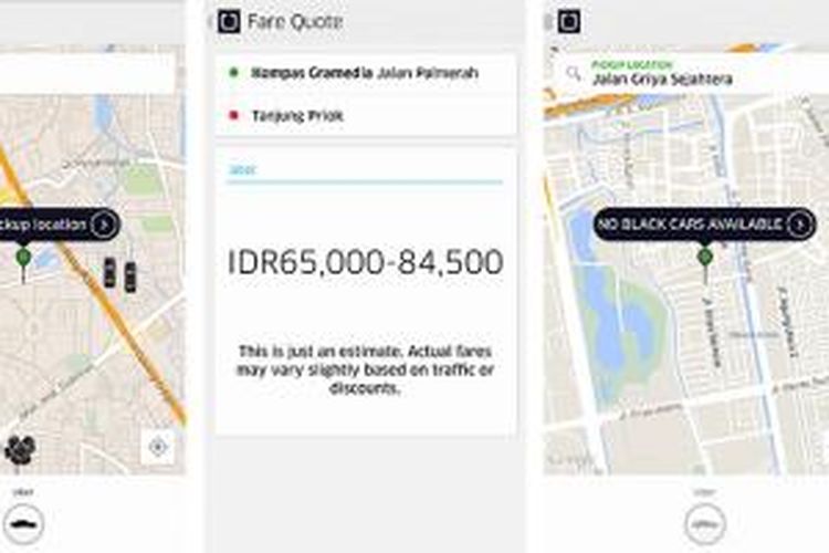 Tampilan aplikasi Uber saat memilih titik penjemputan (kiri), perkiraan tarif ke tujuan (tengah), dan saat tidak menemukan mobil di sekitar area penjemputan yang dipilih