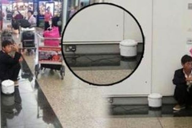 Akibat tak punya cukup uang untuk membeli makanan, seorang pria asal Shandong, China memasak sendiri nasi di bandara Hongkong sambil menunggu kedatangan pesawat.