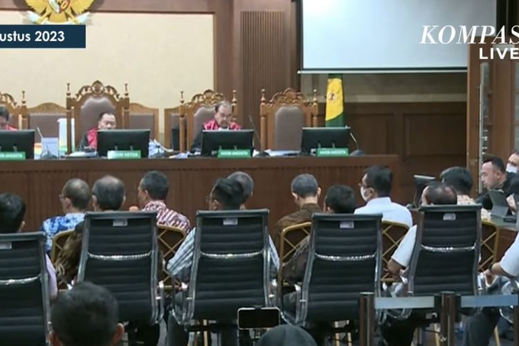 Sidang dugaan korupsi proyek penyediaan menara base transceiver station (BTS) 4G dan infrastruktur pendukung 1, 2, 3, 4, dan 5 di Pengadilan Tindak Pidana Korupsi (Tipikor) pada Pengadilan Negeri (PN) Jakarta Pusat, Selasa (29/8/2023). 