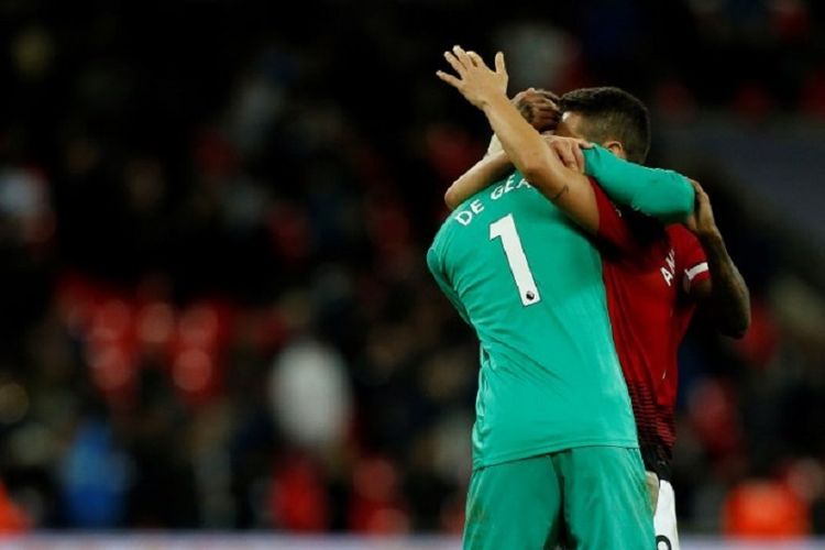 David De Gea merayakan kemenangan timnya pada laga Tottenham Hotspur vs Manchester United di Stadion Wembley dalam lanjutan Liga Inggris, 13 Januari 2019. 