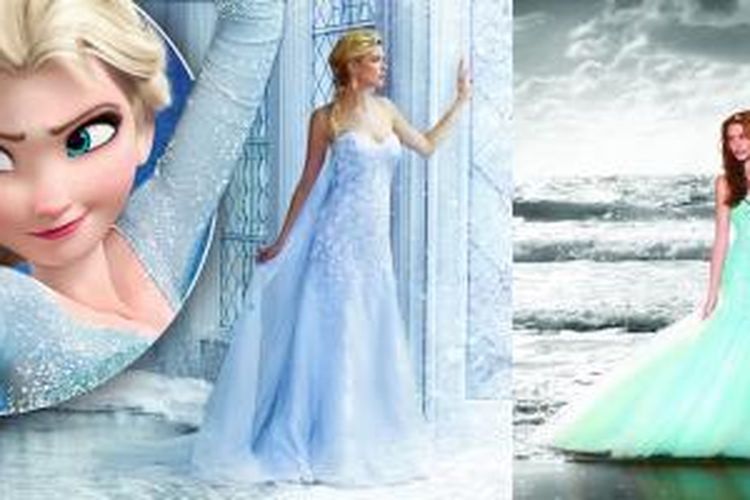 Alfred Angelo mendesain koleksi gaun pernikahan yang terinspirasi dari karakter Putri Disney seperti Putri Elsa dalam film animasi Frozen (kiri) dan Putri Ariel dalam kisah The Little Mermaid (kanan).