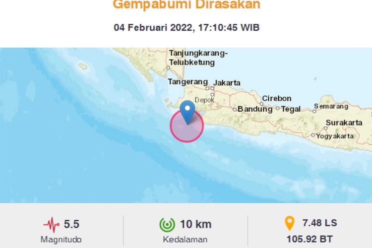 Gempa bumi Bayah Banten M 5,5 yang terjadi Jumat (4/2/2022) pukul 17:10:45 WIB.