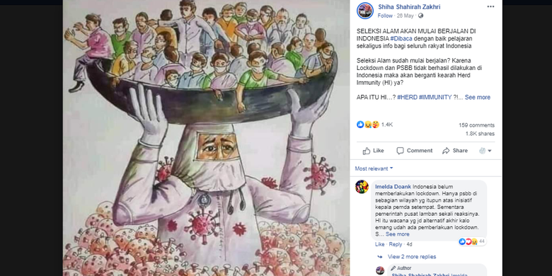 Salah satu unggahan di Facebook mengenai herd immunity. Pemerintah menyatakan, tidak menerapkan konsep ini dalam menangani virus corona di Indonesia.
