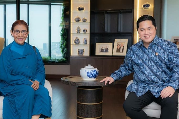 Menteri BUMN Erick Thohir bertemu dengan mantan Menteri Kelautan dan Perikanan Susi Pudjiastuti.