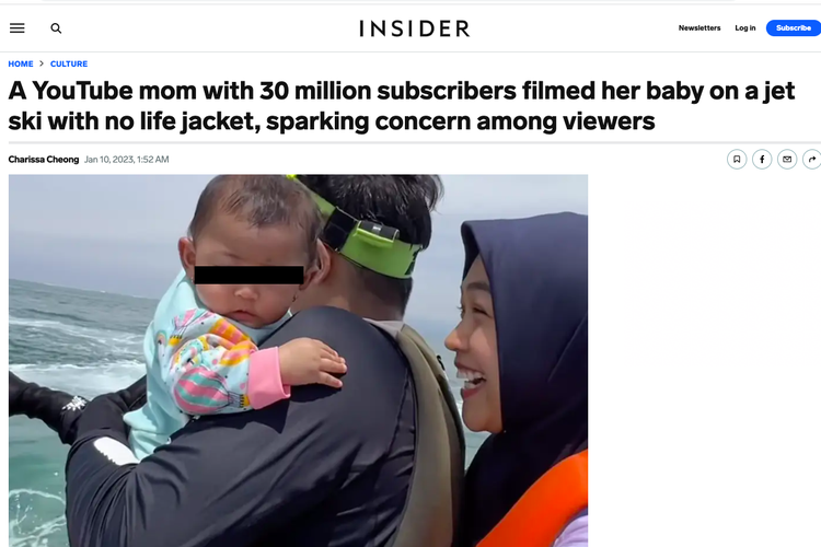 Tangkapan layar berita Insider soal Ria Ricis dan suaminya yang bawa anaknya naik jetsy tanpa pelampung