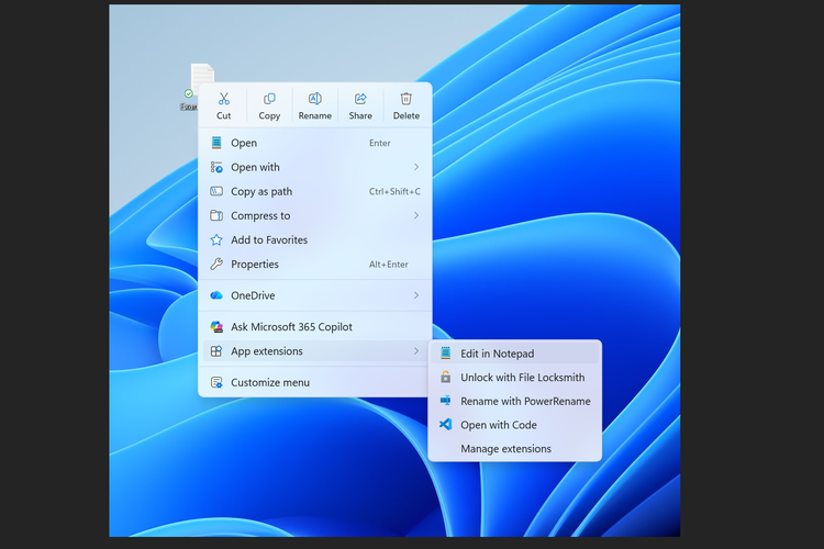 Tampilan Context Menu atau klik kanan Windows 11 terbaru. Saat ini masih tahap uji coba untuk program Windows Insider.