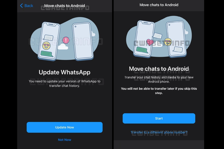 Tangkapan layar bocoran fitur transfer riwayat chat WhatsApp antar platform dan memindahkannya ke nomor ponsel yang berbeda.