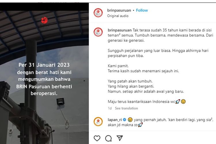 Tangkapan layar pengumuman BRIN Pasuruan yang resmi berhenti beroperasi pada 31 Januari 2023