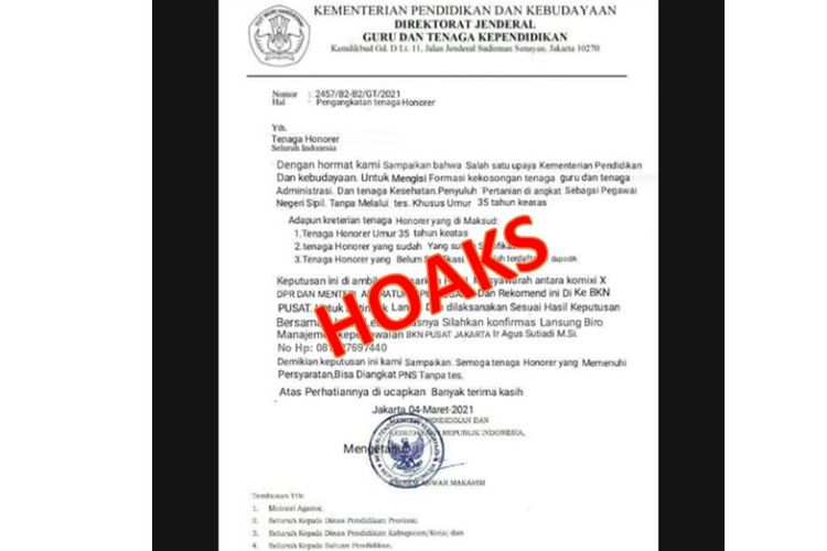 Tangkapan layar surat hoaks yang berisi pengangkatan pegawai honorer menjadi PNS tanpa tes