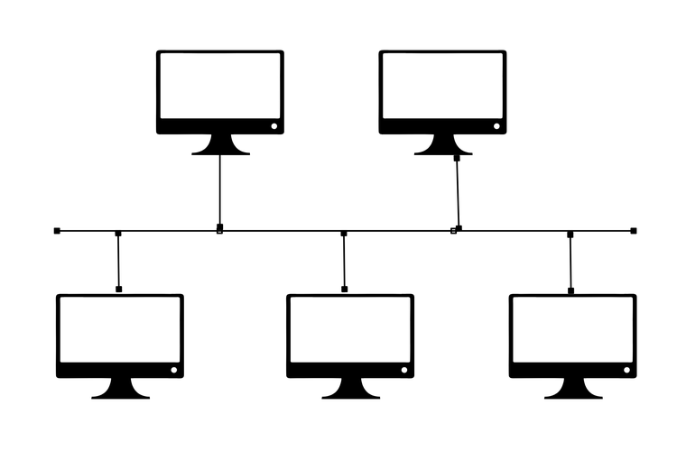 Ilustrasi topologi bus. Topologi bus adalah konfigurasi jaringan untuk menghubungkan komputer dengan minimal menggunakan satu saluran utama.