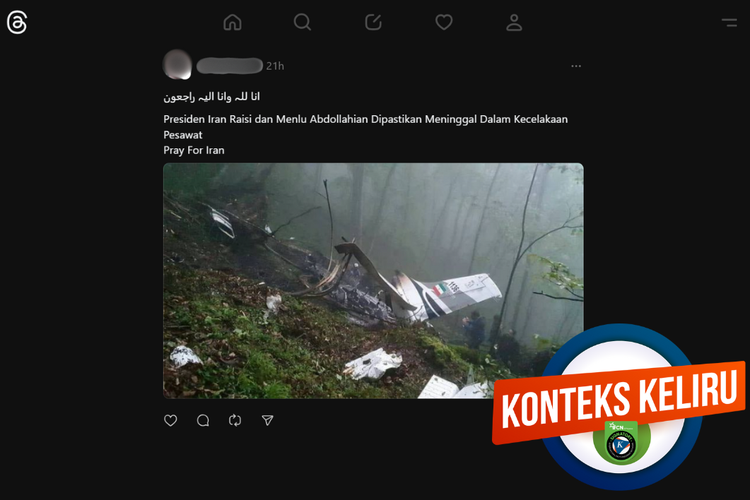 Tangkapan layar konten dengan konteks keliru di sebuah akun Threads, Senin (20/5/2024), soal puing dari kecelakaan helikopter Bell 212 di Provinsi Azerbaijan Timur yang menewaskan Presiden Iran Ebrahim Raisi, pada Senin (20/5/2024).