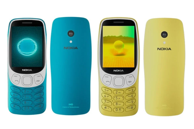 Nokia 3210 2024 varian warna Scuba Blue (kiri) dan Y2K Gold (kanan)