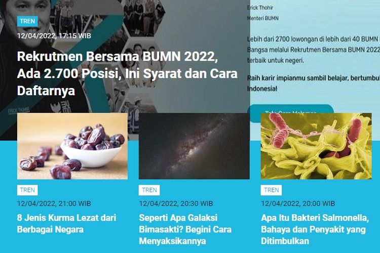 Rekrutmen bersama BUMN 2022 menjadi salah satu berita populer di laman Tren sepanjang Selasa (12/4/2022).