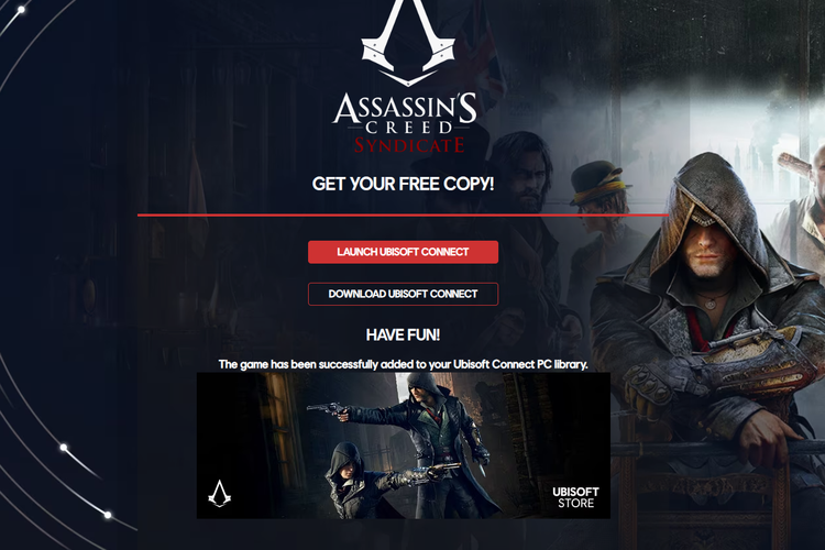 Halaman yang muncul setelah pengguna mengeklaim Assassin's Creed Syndicate