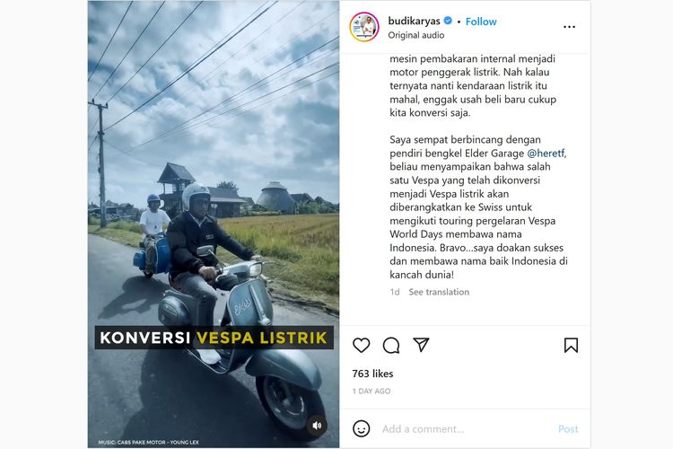 Menteri Perhubungan Budi Karya Sumadi menjajal Vespa listrik hasil konversi yang dibuat Elders Garage di Mengwi, Bali. 