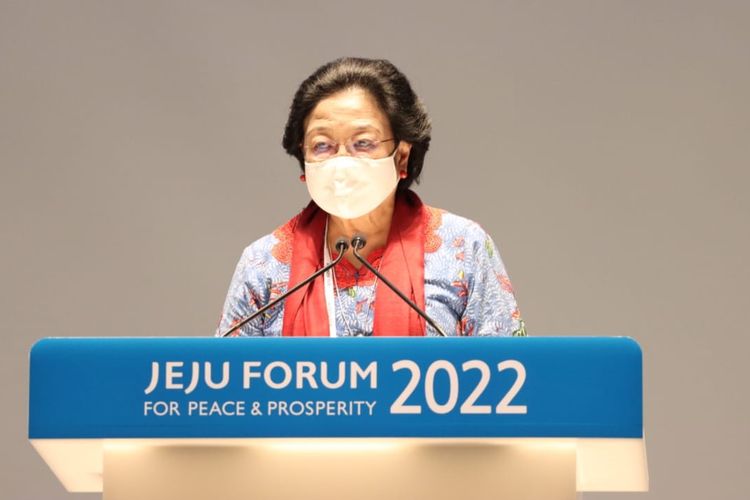Ketua Umum PDI-P Megawati Soekarnoputri saat berpidato di pembukaan Jeju Forum for Peace and Prosperity, di Jeju, Korea Selatan, Rabu (14/9/2022).