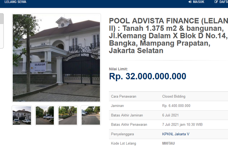 Salah satu rumah mewah di Jakarta yang akan dilelang secara online di lelang.go.id (tangkapan layar lelang.go.id)