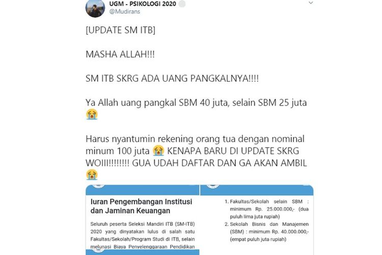 Tangkapan layar unggahan syarat jaminan kemampuan keuangan Rp 100 juta calon mahasiswa jalur SM ITB.