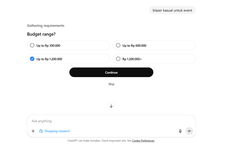 Prosesnya juga dibuat interaktif di mana ChatGPT akan menanyakan budget, preferensi, kebutuhan, hingga detail spesifik seperti ukuran, warna, fitur yang diinginkan, dan kategori penggunaan.

