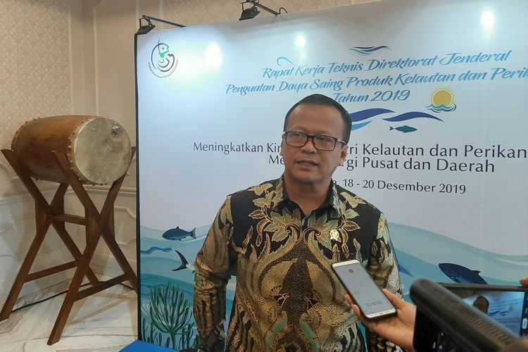Menteri Kelautan dan Perikanan Edhy Prabowo saat menemui wartawan usai menghadiri acara Rapat Kerja Teknis Ditjen Penguatan Daya Saing Produk Kelautan dan Perikanan (PDSPKP) di Sleman, Kamis (19/12/2019).