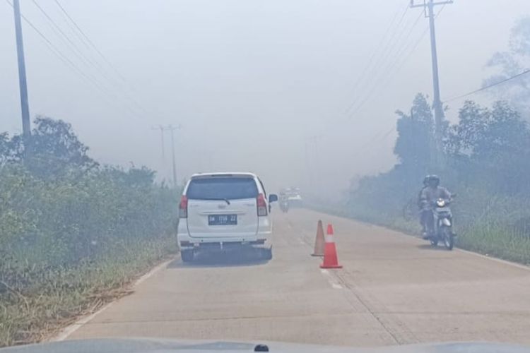Kabut asap karhutla menyelimuti ruas jalan di Kota Dumai, Riau, Minggu (23/4/2023).