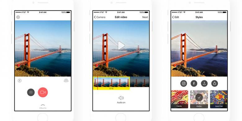 Tampilan aplikasi Prisma terbaru di iOS yang mendukung video. Ada tombol baru untuk merekam video, letaknya persis di samping tombol untuk mengambil foto.