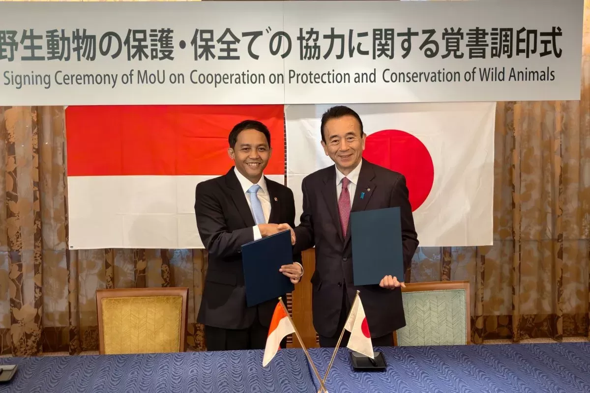 Penandatanganan MoU antara Menteri Kehutanan (Menhut) Raja Juli Antoni (kiri) dengan Gubernur Shizuoka Suzuki Yasutomo (kanan) di Shizuoka, Jepang, Sabtu (28/3/2026). 