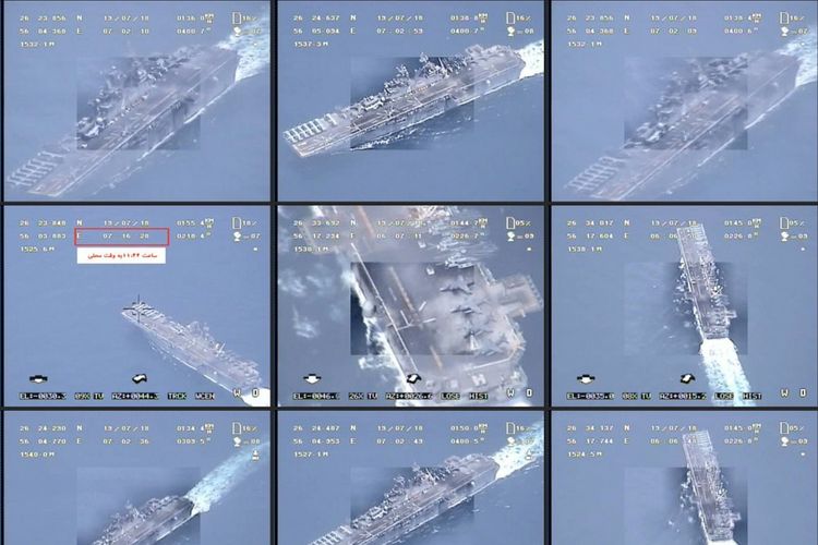 Kombinasi dari gambar yang dirilis oleh Garda Revolusi Iran pada 19 Juli 2019 dari drone memperlihatkan kapal perang Amerika Serikat antara lain kapal perusak USS Boxer. Gambar itu merupakan bantahan setelah Presiden AS Donald Trump mengklaim Boxer menghancurkan drone Iran di Selat Hormuz.