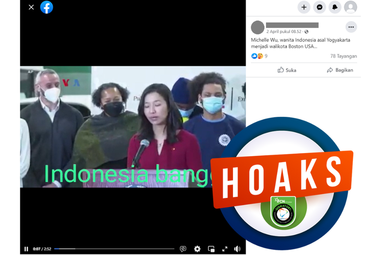 Tangkapan layar unggahan dengan narasi hoaks di sebuah akun Facebook, 2 April 2023, yang menyebut bahwa Michelle Wu berasal dari Yogyakarta.