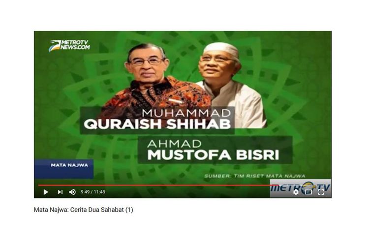Quraish Shihab dan Mustofa Bisri, pada acara Mata Najwa Cerita Dua Sahabat, yang ditayangkan Metro TV, Rabu (21/6/2017) malam.