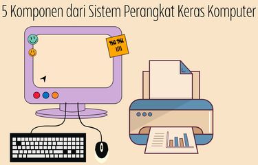 Lima komponen dari sistem perangkat keras komputer adalah input device, process device, output device, backing storage, dan peripheral.