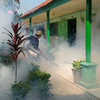 Fogging atau pengasapan dilakukan di Dusun Soko, Desa Pacarpeluk, Kecamatan Megaluh Kabupaten Jombang, Jawa Timur, Kamis (12/5/2023). Pengasapan itu dilakukan menyusul adanya puluhan warga yang mengeluhkan gejala terjangkit Chikungunya.