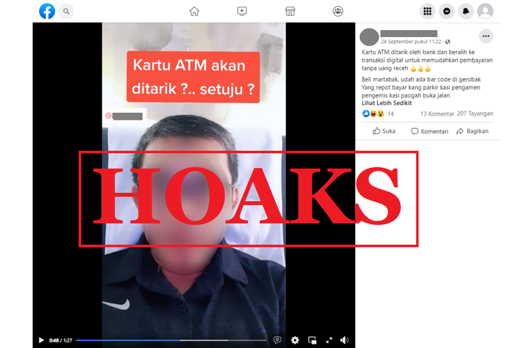 Tangkapan layar unggahan dengan narasi hoaks di sebuah akun Facebook, Sabtu (24/9/2022), soal semua kartu ATM akan ditarik karena sudah beralih ke transaksi digital.