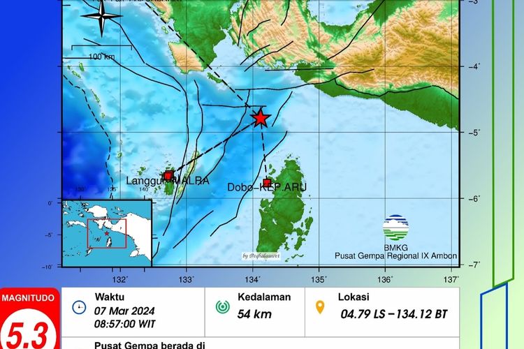 Peta gempa M 5,3 di Kabupaten Kepulauan Aru, Maluku, Kamis (7/3/2024)