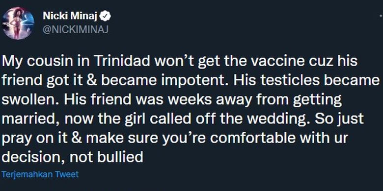 Tangkapan layar twit Nicki Minaj yang menyebutkan bahwa vaksin Covid-19 menyebabkan impotensi dan pembengkakan testis.