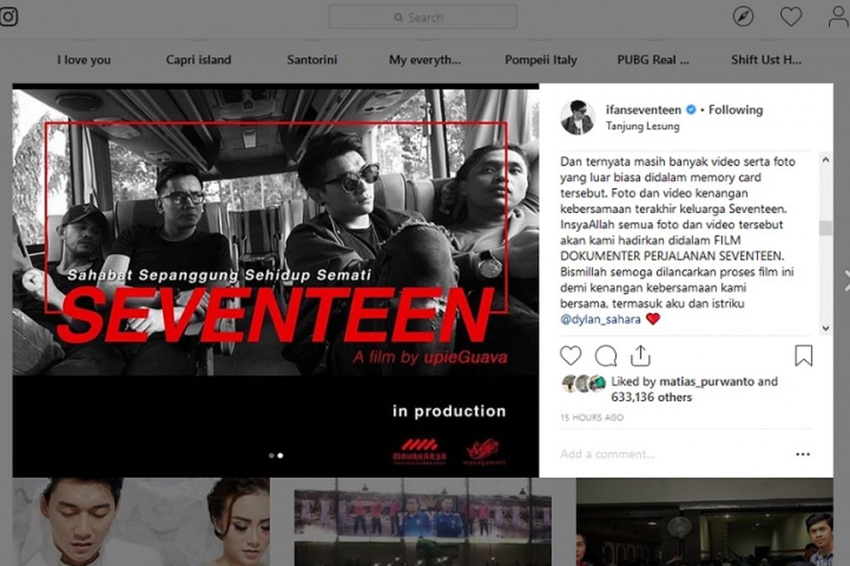 Bidik layar postingan di akun Instagram Ifan Seventeen, Rabu (30/1/2019).