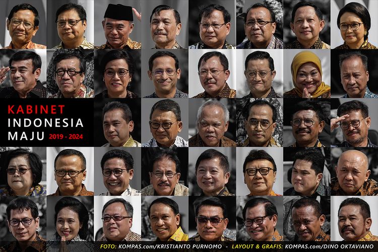Kolase foto memperlihatkan susunan menteri Kabinet Indonesia Maju, saat diumumkan dan diperkenalkan oleh Presiden Joko Widodo di Istana Negara, Jakarta, Rabu (23/10/2019).