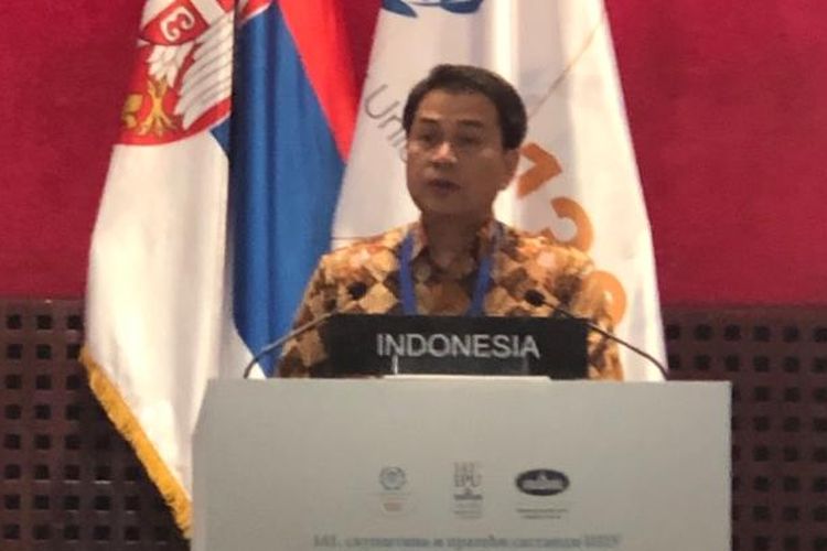 Wakil Ketua DPR RI Azis Syamsuddin saat Sidang Parlemen Sedunia ke-141 di Beograd, Selasa (15/10/2019)