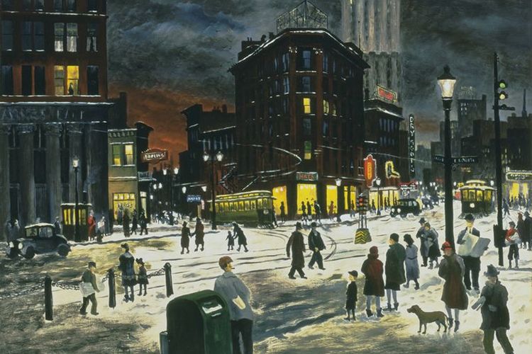 Lukisan karya Raphael Gleitsmann bertajuk Winter Evening dilukis pada 1932. Bercerita tentang Akron (sebuah kota di AS) dan sebagian besar kawasan di negara AS sedang mengalami krisis ekonomi. Namun sang pelukis menggambarkan kota tersebut dengan nuansa lebih ceria.