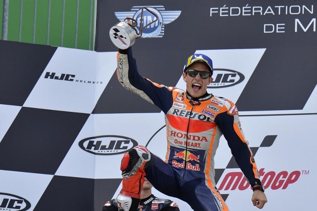 Pebalap Repsol Honda, Marc Marquez, memenangi MotoGP Jerman 2019, 7 Juli 2019. 