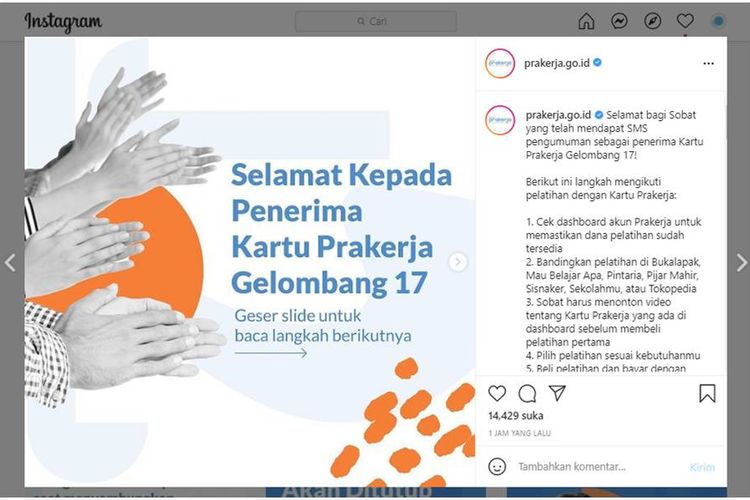 Tangkapan layar pengumuman Prakerja Gelombang 17