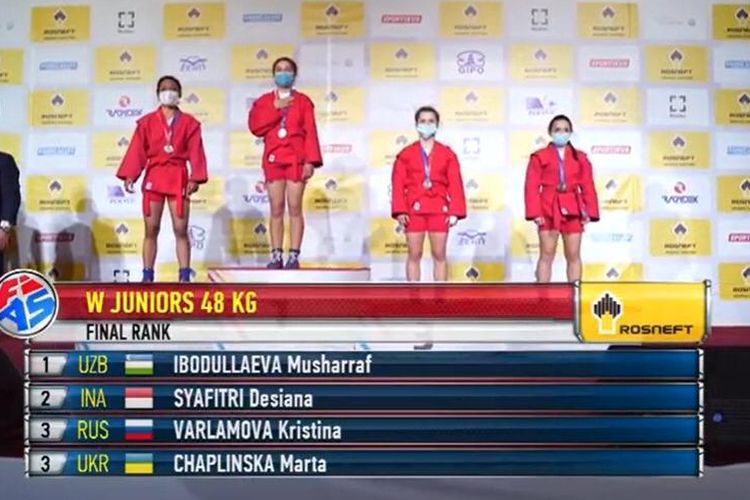 Pada  World Sambo Championship 2020 di Novi Sad, Serbia, 3-6 November, atlet putri Indonesia, Desiana Syafitri meraih tempat kedua di kelas 48 kilogram.
